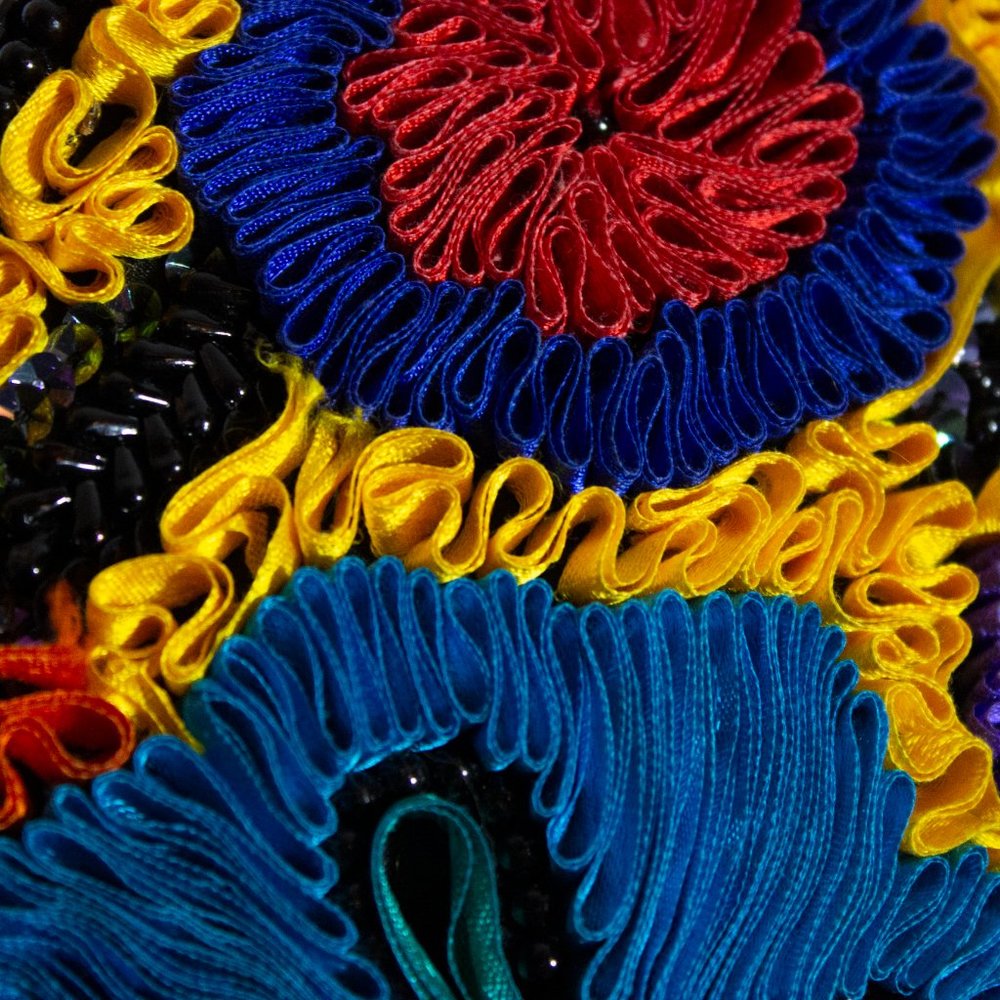 Vintage Vest Cache Silk Wearable Art ribbon Large 80s blue red yellow - Picture 8 of 12